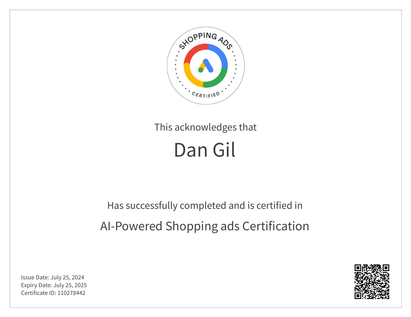 תעודת AI-Powered Shopping ads Certification על שם Dan Gil