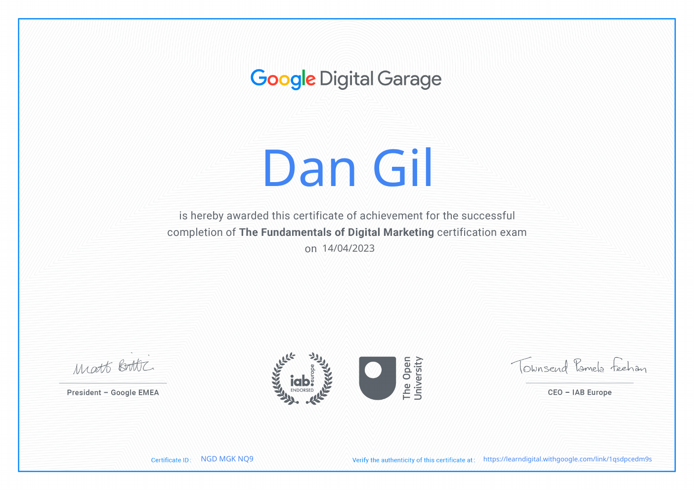 תעודת The Fundamentals of Digital Marketing על שם Dan Gil