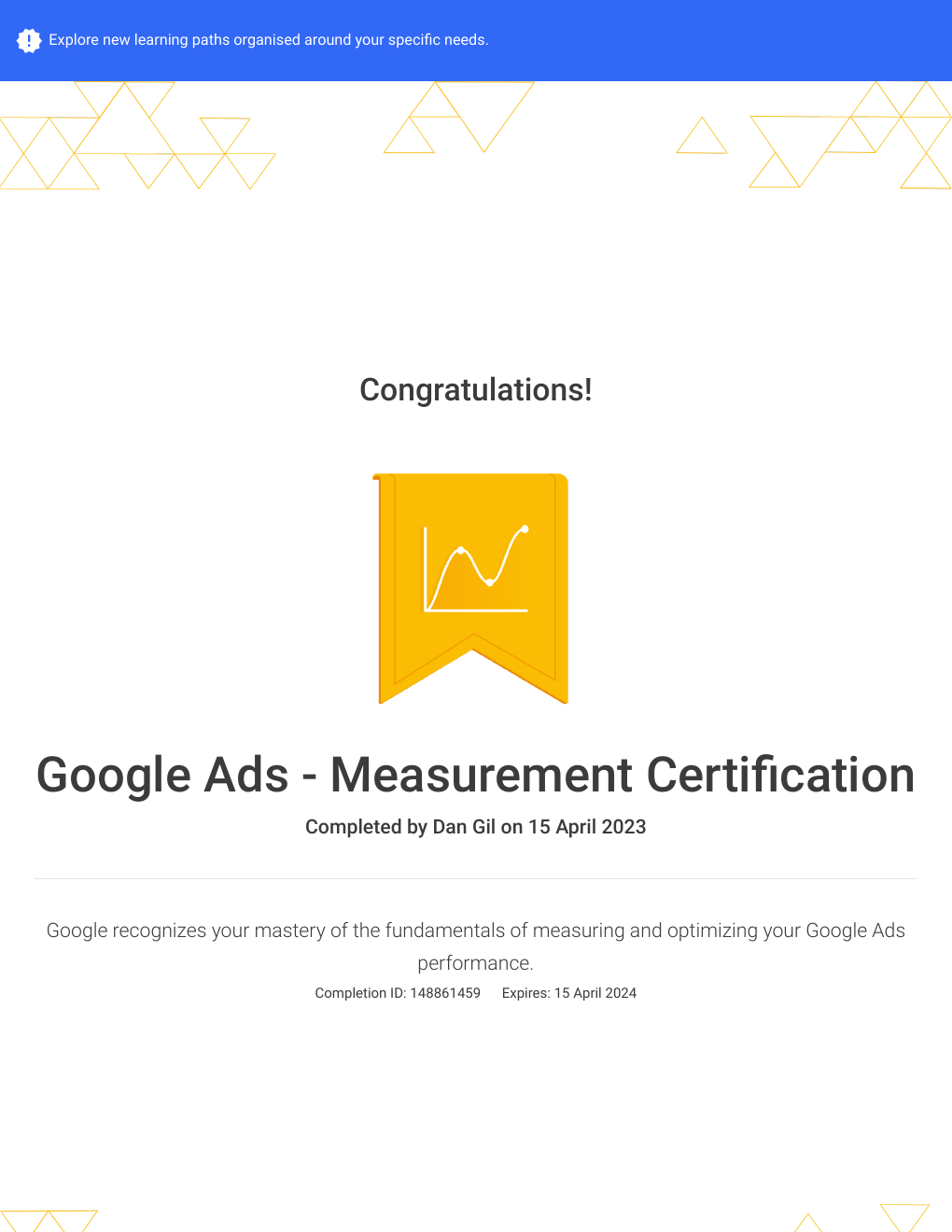 תעודת Google Ads - Measurement Certification על שם Dan Gil