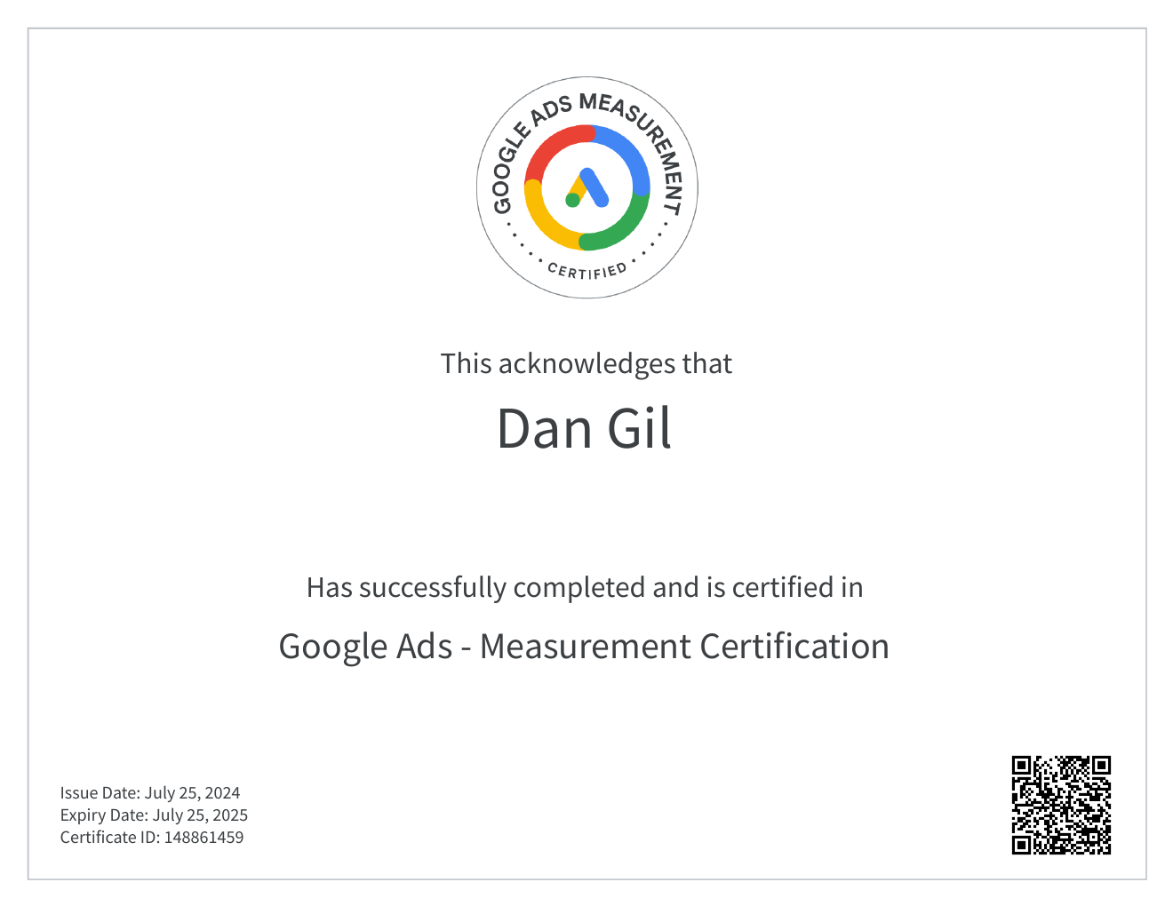 תעודת Google Ads - Measurement Certification על שם Dan Gil