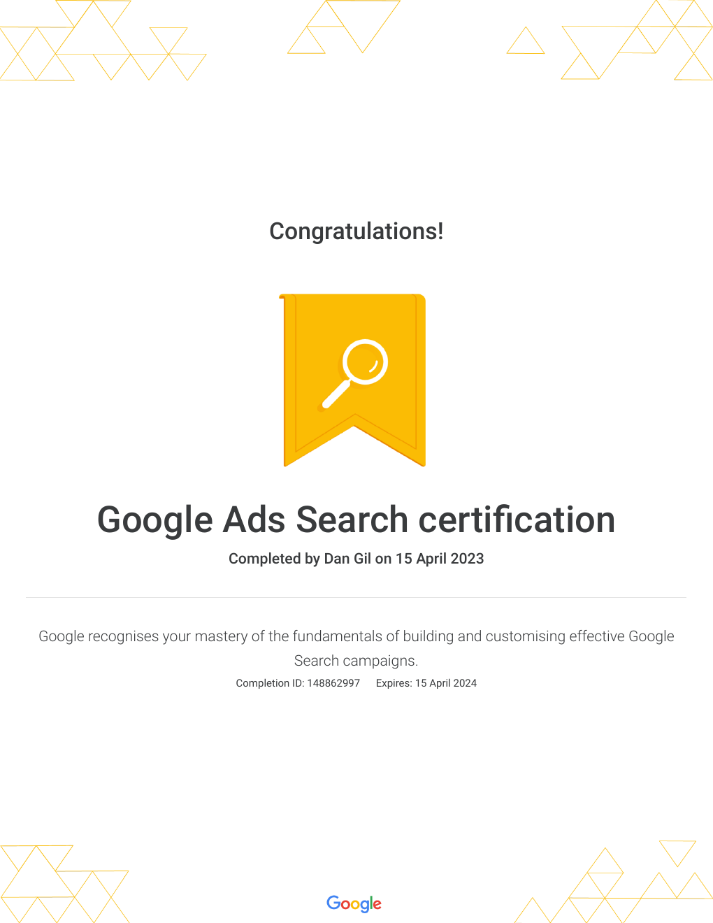 תעודת Google Ads Search certification על שם Dan Gil