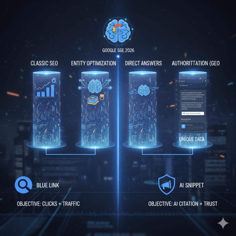 תרשים הממחיש את עקרונות GEO – Generative Engine Optimization, כולל הצטטות AI, Entity-Based SEO ונוכחות בתשובות Google AI Overviews, ChatGPT ו-Gemini