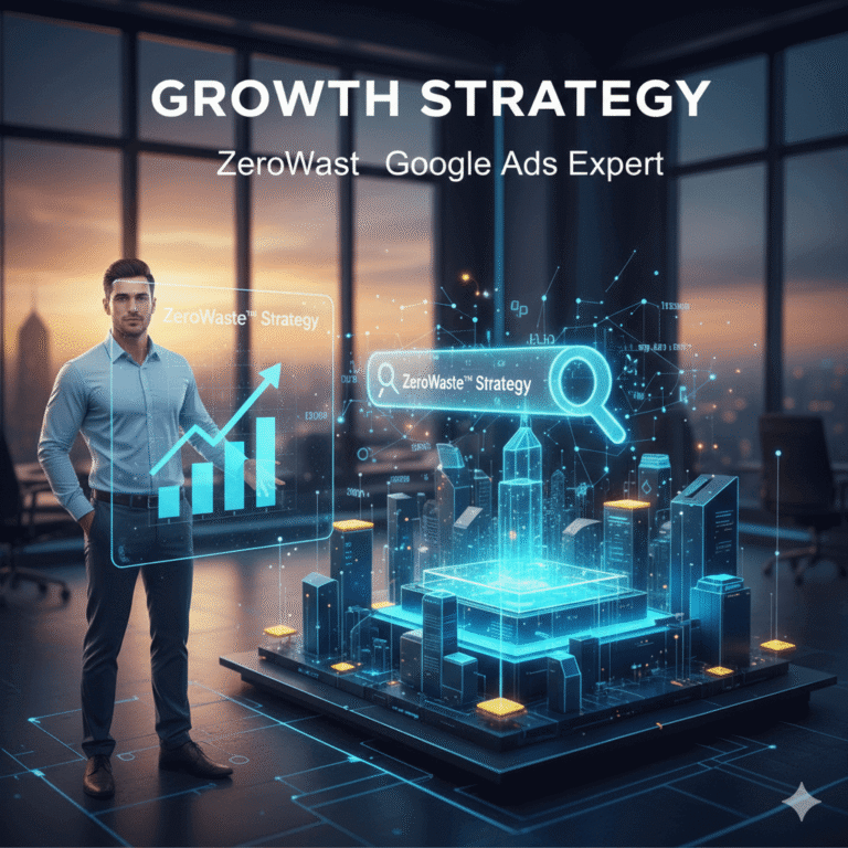 יועץ שיווק בגוגל מציג אסטרטגיית Growth Strategy וניהול קמפיינים חכם בשיטת ZeroWaste על רקע גרפים של צמיחה עסקית ונוף אורבני.